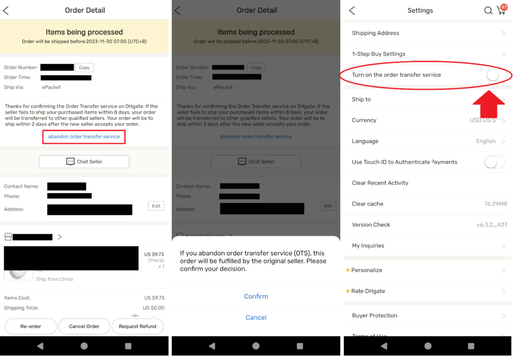 DHGate Order Transfer Service How to opt out on mobile
