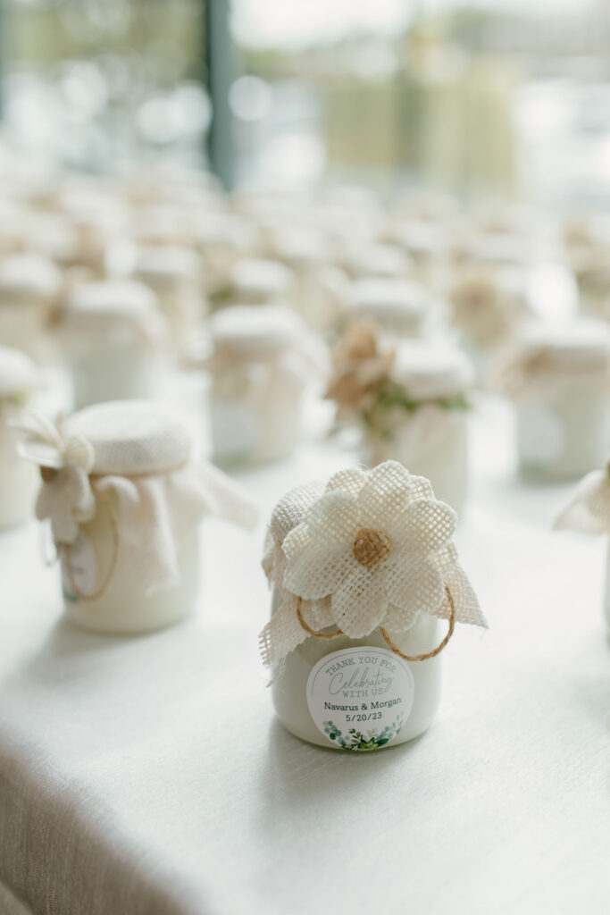 Floral Burlap Candle Wedding Favors Finished product