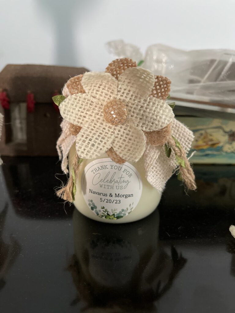 Floral Burlap Candle Wedding Favors Finished product 2