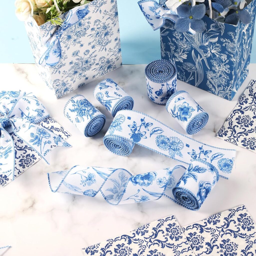 6 Rolls 30 Yards Blue Chinoiserie Wired Edge Ribbons Retro Blue White Peony Ribbon Rustic Decorative Ribbon for Wedding Bridal Shower for Gift Wrapping Bow