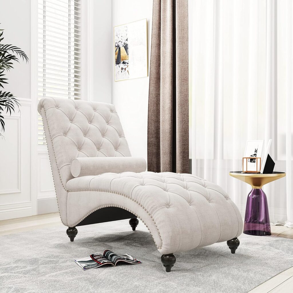 Button Tufted Chaise Lounge Chair with Bolster Pillow Luxury Upholstered Sleeper Chair Leisure Sofa Couch with Solid Wood Legs