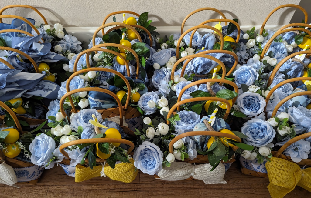 Lemon and Blue Peony and hydrangeas floral baskets engagement party favor ideas