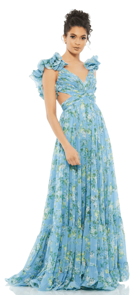 Mac-Duggal-Blue-Ruffle-Tiered-Floral-Cut-Out-Chiffon-Gown Beach Resort Wedding Guest Dress