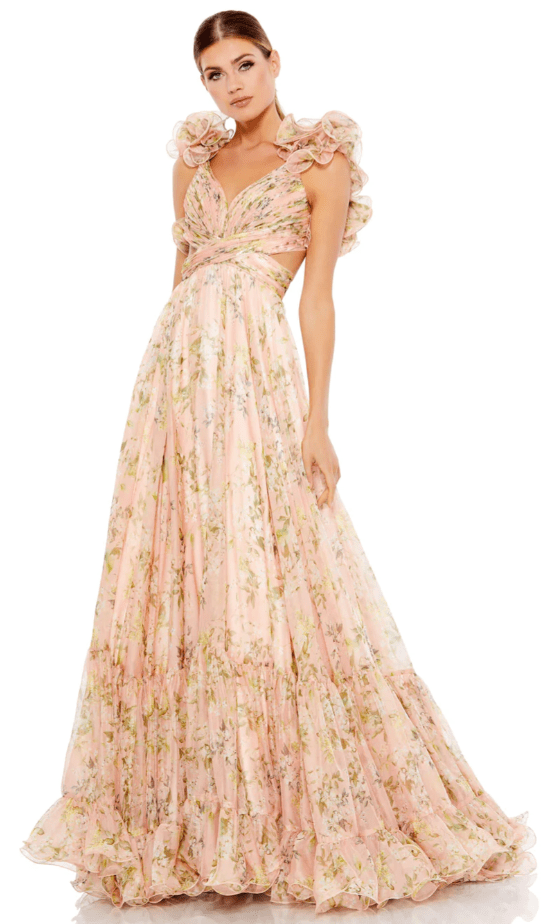 Mac-Duggal-Pink-Ruffle-Tiered-Floral-Cut-Out-Chiffon-Gown Beach Resort Wedding Guest Dress