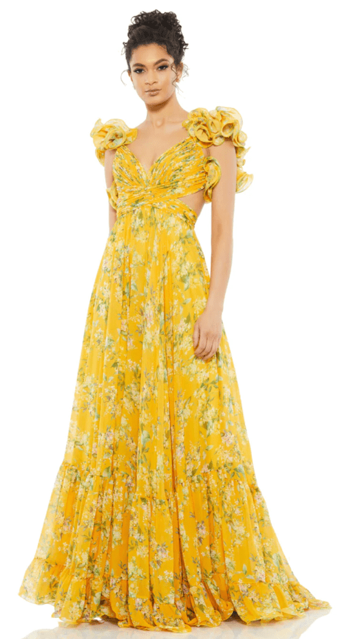 Mac-Duggal-Yellow-Ruffle-Tiered-Floral-Cut-Out-Chiffon-Gown Beach Resort Wedding Guest Dress