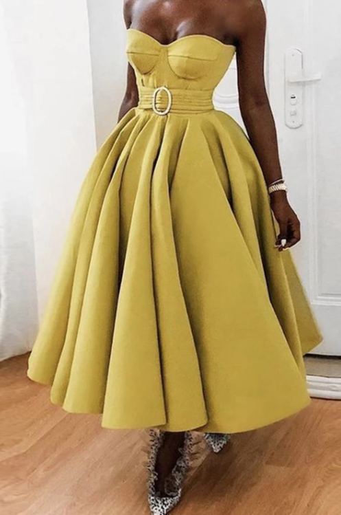 Strapless belted princess Sweetheart cut flare midi dress in yellow