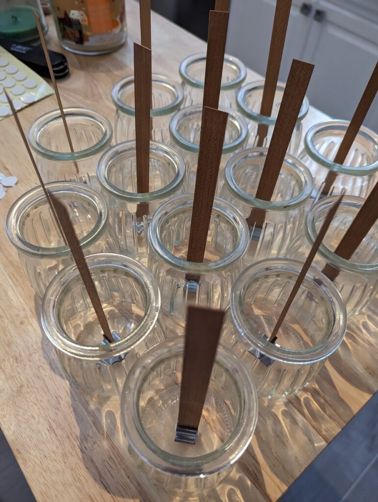 My candle party favors - Prep Glass jars with wood wicks