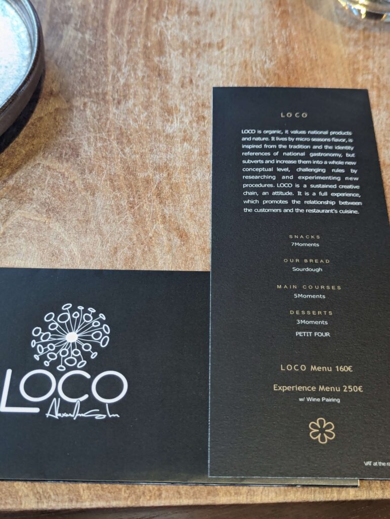 LOCO Restaurante Lisbon Portugal Restaurant brochure with tasting menu description