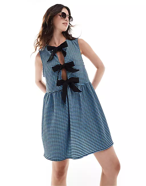 ASOS DESIGN sleeveless bow front smock mini dress in blue gingham