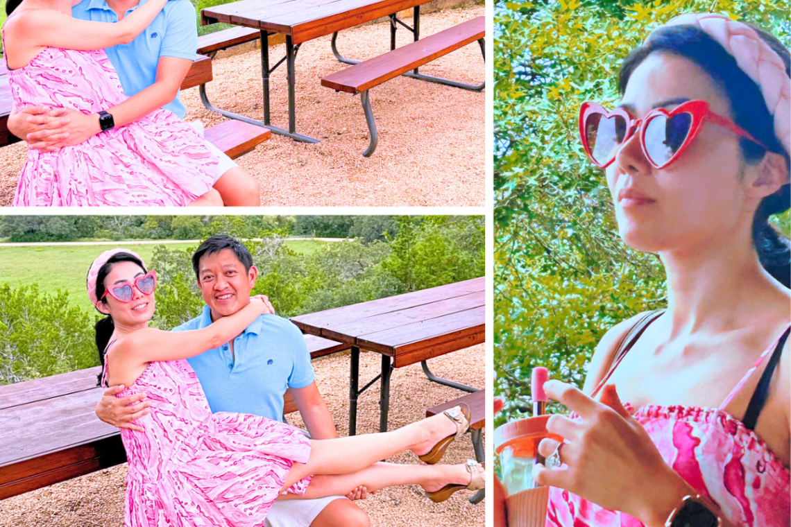 wearing AJE sweetheart pink minidress with red hearts sunglasses collage