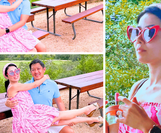 wearing AJE sweetheart pink minidress with red hearts sunglasses collage