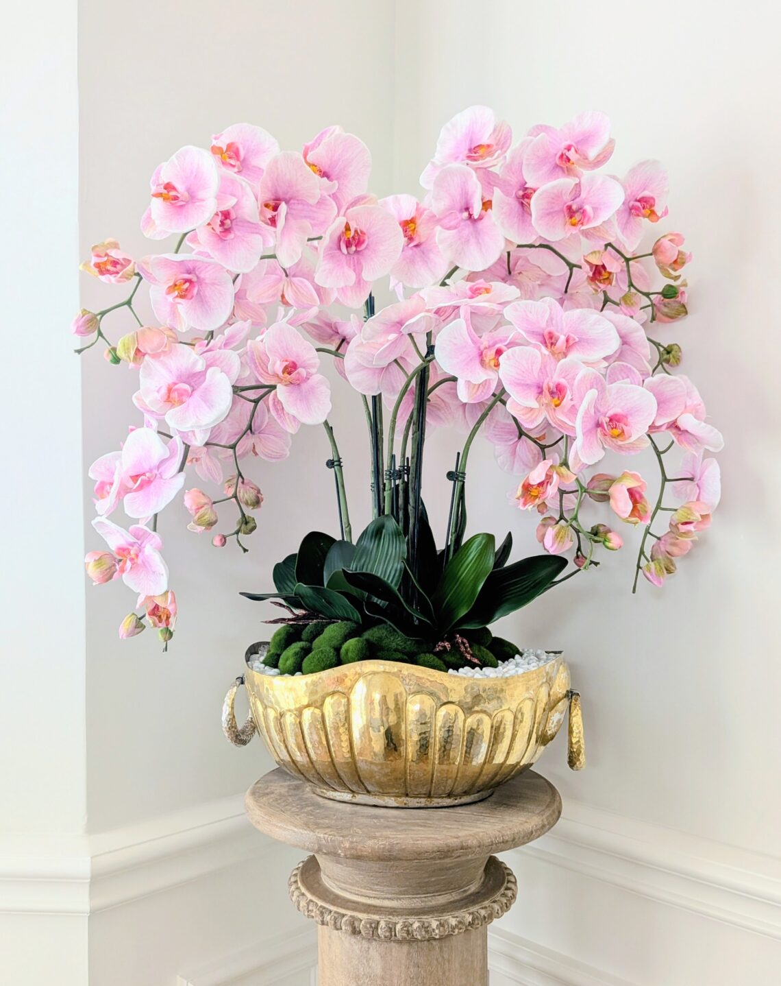 Large Faux Floral Pink Orchid Arrangement in Solid Brass Vintage Planter Bowl