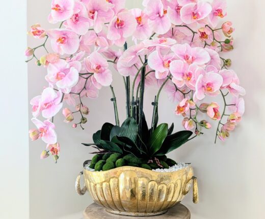 Large Faux Floral Pink Orchid Arrangement in Solid Brass Vintage Planter Bowl